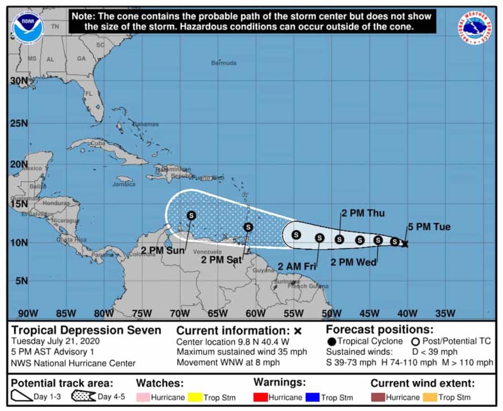 El Centro Nacional de Huracanes de EEUU emitió una primera advertencia por la depresión tropical siete en el Atlántico. 
Podría tocar el norte de Venezuela el fin de semana.