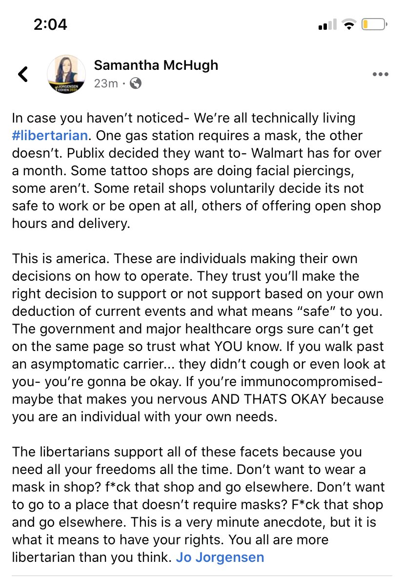 SamanthaZukows1's tweet photo. You’re all libertarian... #Liberty #libertarian @Jorgensen4POTUS @RealSpikeCohen #freemarket @LPNational @LP_Florida https://t.co/2u78CDOwFj