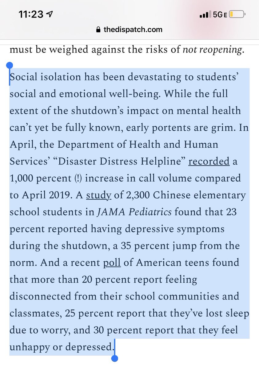 We have seen a dramatic uptick in depression and other mental illness among children. In April, there was a 1000% increase in pediatric calls to the DHHS’s “Disaster Distress Helpline”.