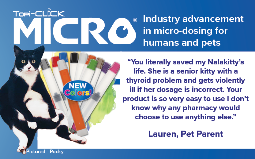 Topi_CLICK's tweet photo. Topi-CLICKยฎ dosing applicators are designed to be easy-to-use and accurate! Pet parents are loving Topi-CLICK Microยฎ to dose their furry felines! Visit https://t.co/S175SuUPiW to request a FREE sample today. #PetMeds #Veterinary #CompoundedMedications #TopiCLICK #PetCare https://t.co/Z7PO71r3Q5