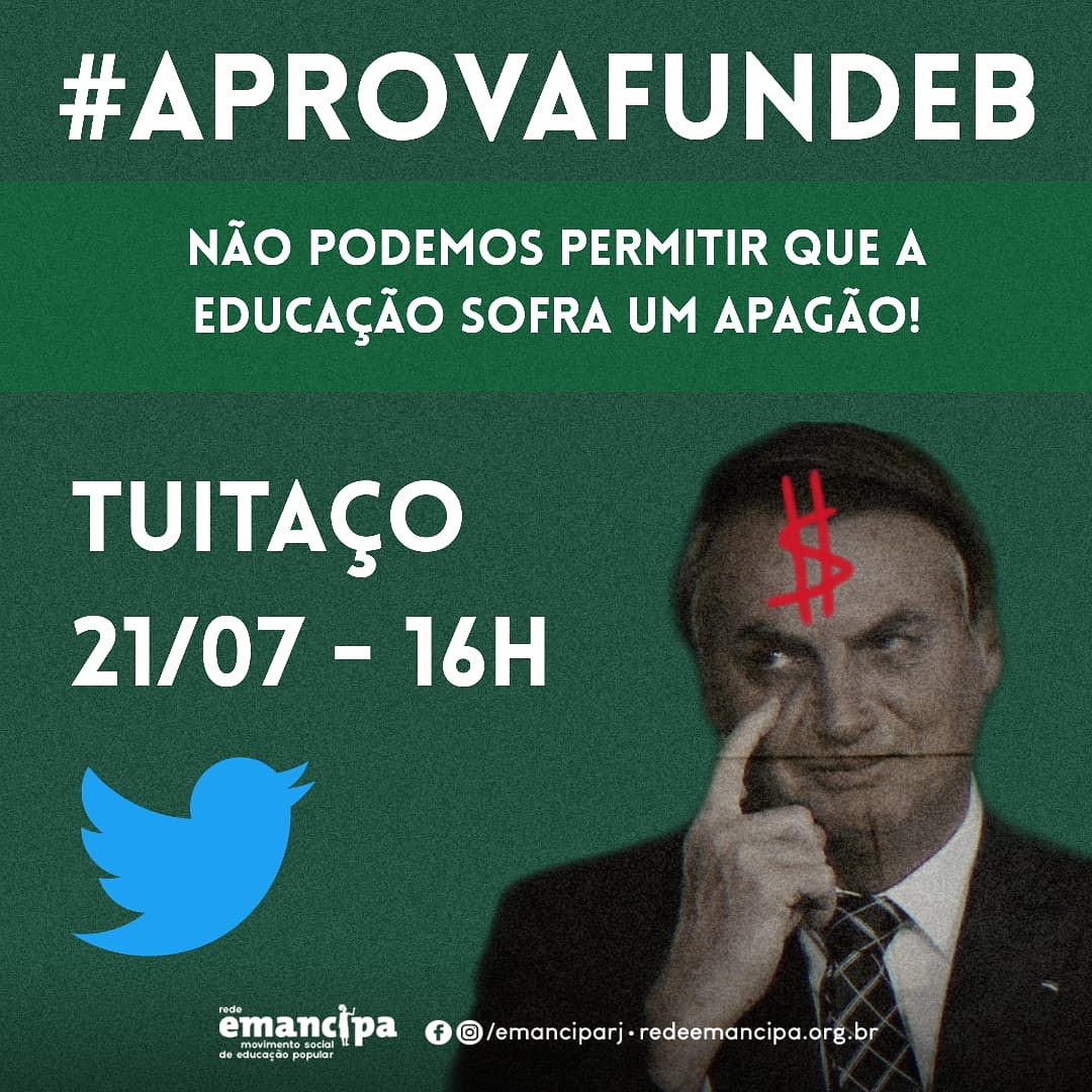 RedeEmancipa's tweet photo. 🗣️ TUITAÇO AGORA AS 16H

O FUNDEB é um dos principais mecanismos de financiamento da educação e será extinto em dezembro de 2020, não podemos adiar mais a votação. Educação é prioridade e defender o FUNDEB é urgente!
#fundeb #aprovafundeb https://t.co/iervVxsOx5
