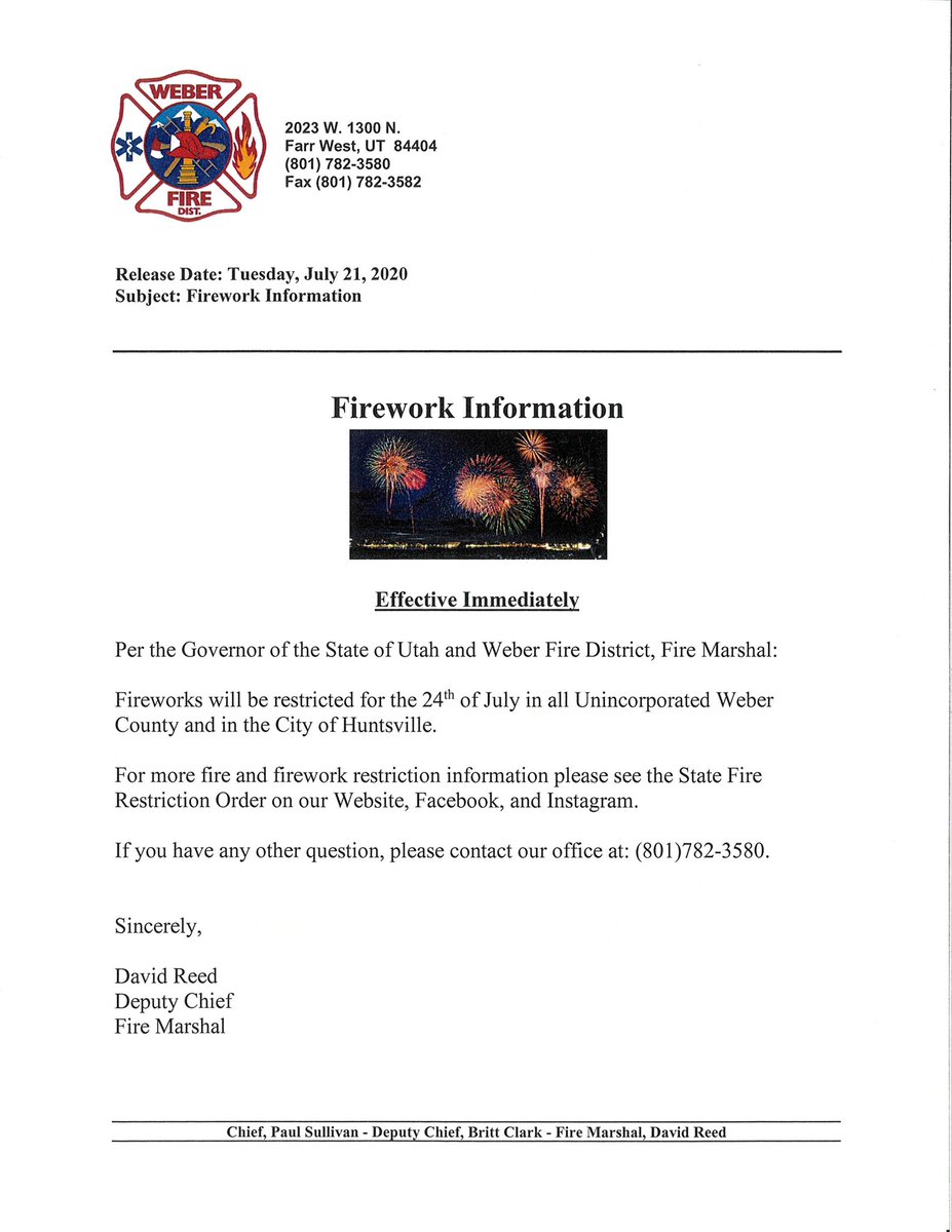 WeberFireDist's tweet photo. Firework Restriction Information
π₯π«
#carepreparerespond #fireworks #restrictions #fireworkrestrictions #weberfiredistrict #unincorporatedwebercounty #huntsvilleutah https://t.co/H1YjzoDfWb