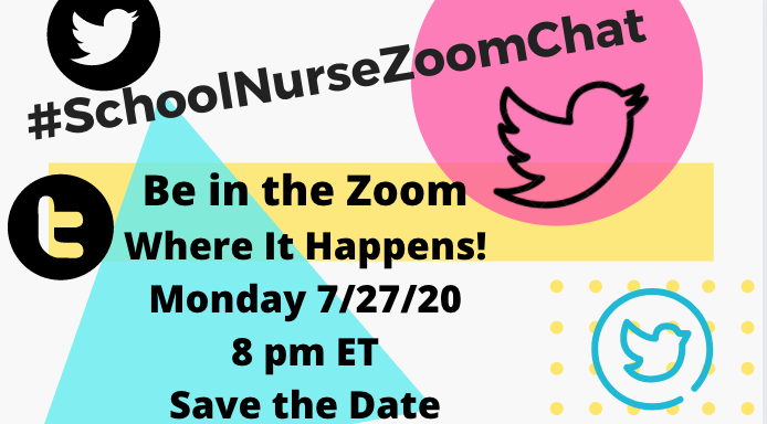RobinCogan's tweet photo. Join us for a #SchoolNurseZoomChat on Monday 7/27/20 8pm ET. 
Topic: "Reopening Schools - The Great Unknown" DM either @RobinCogan @SchoolNurseT @Lkern12 or @AmidonChris for password. Key = we need to be #TwitterFriends 

https://t.co/M6AW3Ls15G https://t.co/nWbrW00hB5