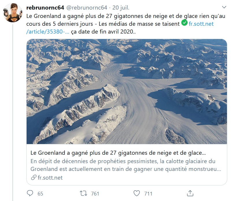 Cette fois, c’est un tweet, relayant un article de  http://Sott.net&nbsp;, qui l’affirme avec succès : plus de 750 retweets. La glace ne fond pas sur le Groenland, c'est même l'inverse, elle s'accumule, massivement, et on vous le cache. https://twitter.com/rebrunornc64/status/1285118126858874881