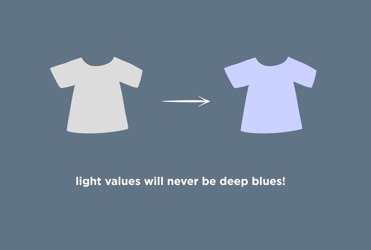 Say we have a greyscale image, and we want to make a light value T-shirt a deep blue. It will always look pale and pastel. A b/w image is suggesting possible colors. A color image already has all of the values defined. This is the way that colors and values relate to each other.