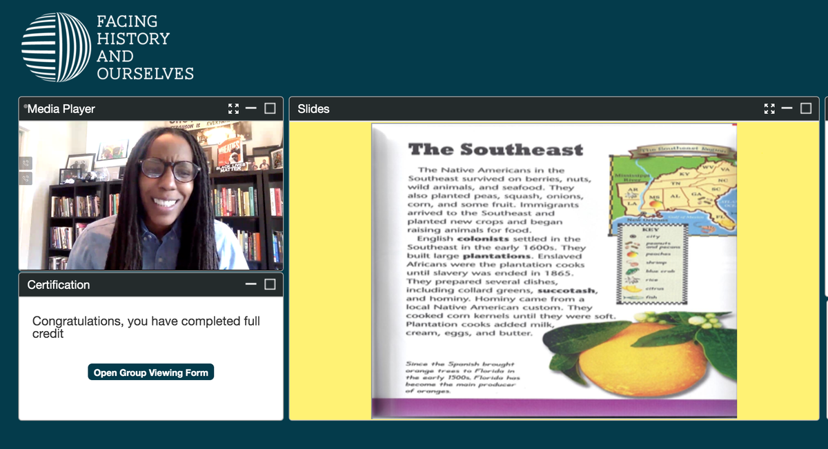 adinashaode's tweet photo. Dr. Bettina Love @BLoveSoulPower is out here with RECEIPTS calling out specific textbooks that perpetuate racist systems in schools in this @facinghistory webinar and I'm here for it! #fhonline #fhao https://t.co/JEAR1vE9FG