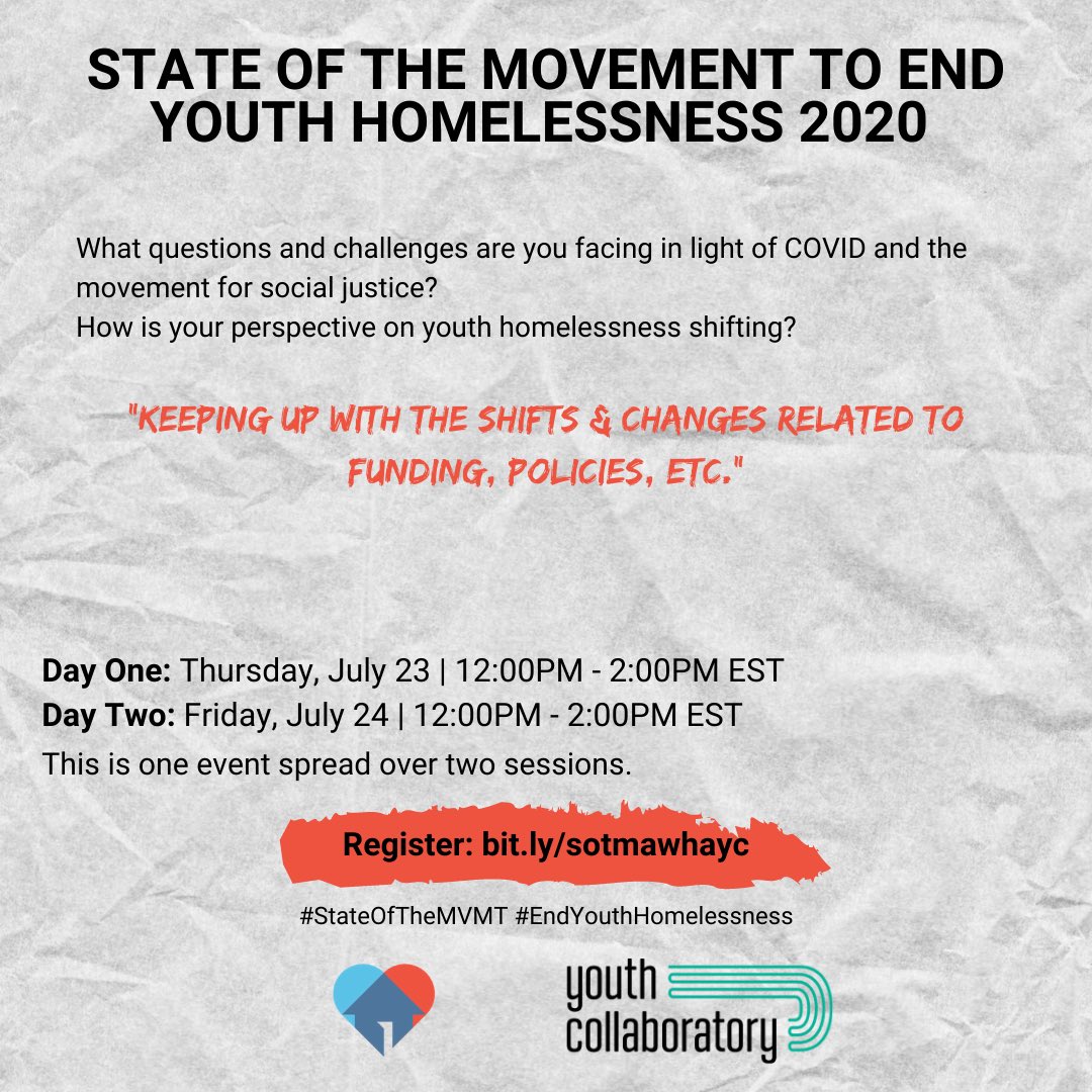 awayhomeamerica's tweet photo. The first one sums it up but #StateOfTheMVMT registrants tried! ❤️State of the Movement to #EndYouthHomelessness 2020 is happening this Thursday and Friday (7/23 & 7/24 12PM - 2PM EST). Get registered here to join the conversation: https://t.co/RjMHs7Z28q ❤️@ycollaboratory https://t.co/DsU8AxkxdC