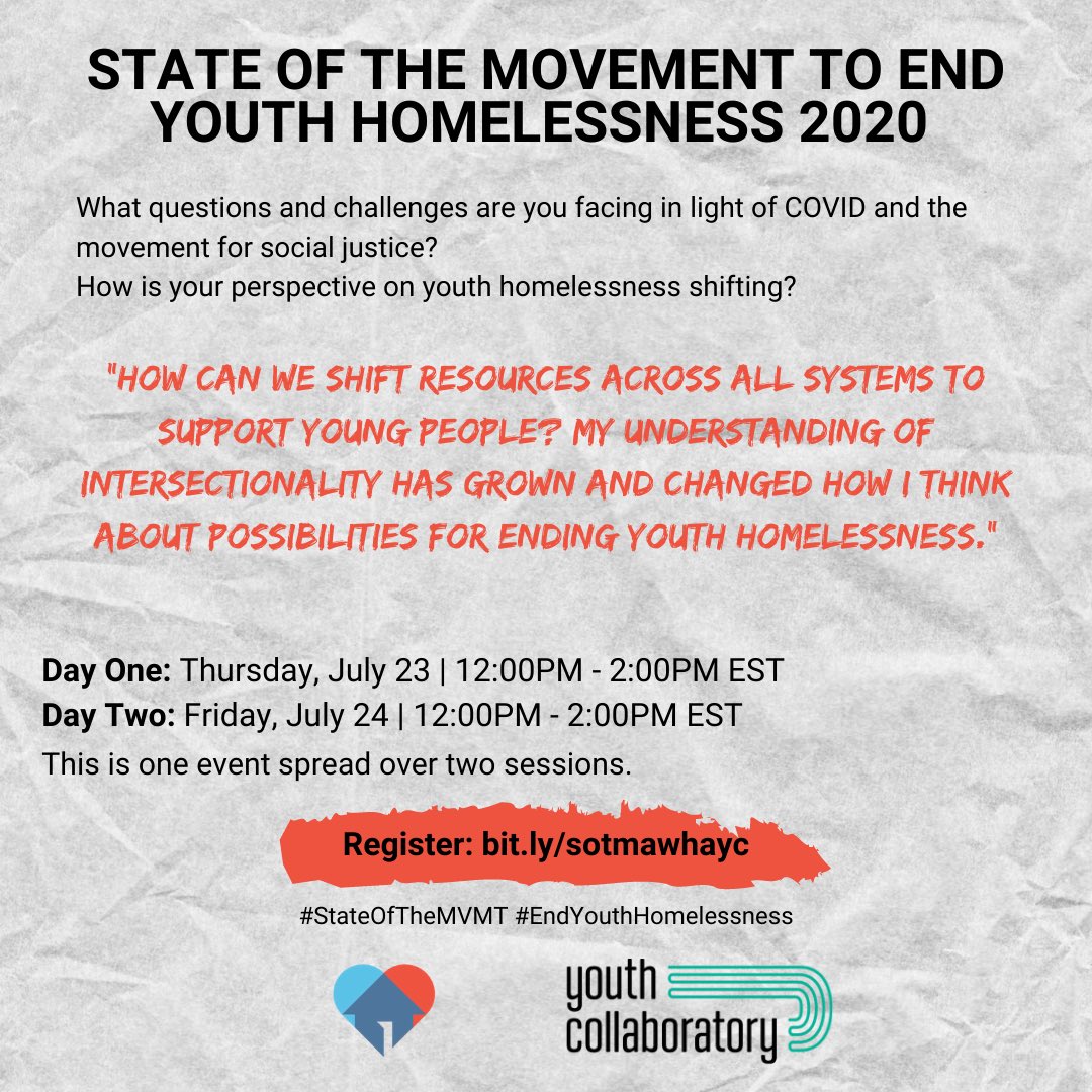 awayhomeamerica's tweet photo. The first one sums it up but #StateOfTheMVMT registrants tried! ❤️State of the Movement to #EndYouthHomelessness 2020 is happening this Thursday and Friday (7/23 & 7/24 12PM - 2PM EST). Get registered here to join the conversation: https://t.co/RjMHs7Z28q ❤️@ycollaboratory https://t.co/DsU8AxkxdC