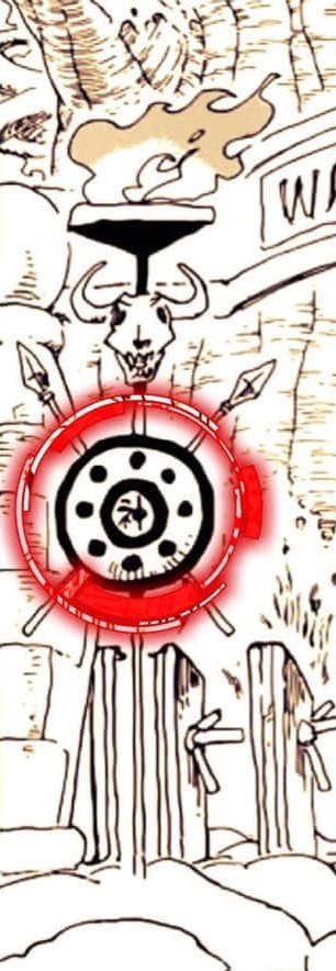 A RECURRING flag or symbol (in Alabasta, Skypeia, and wano/Zou, ALL countries heavily related to ancient kingdom) is the the big circle with EIGHT smaller circles orbiting it. This is assumed to be 8 moons, as shown in Ohara (Robin Flashback)