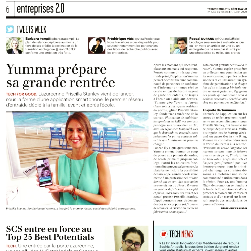 BIENVENUE CHEZ YUMMA 💚
La Tribune Côte d'Azur  a interviewé la fondatrice de yumma Priscilla Stanley qui souhaite soulager tous les parents dès la rentrée. Téléchargez l'app gratuitement dès maintenant! #Solidarité #GardeEnfant #cotrajet #Soutienscolaire #Benevolat
#techforgood