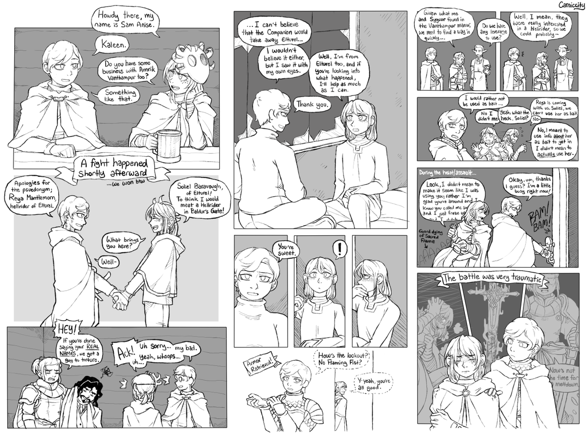 Carniccity's tweet photo. Wow it's been some time since I posted here, but I think it was worth it to crank this out. Still playing through the Descent into Avernus campaign, and here's a compilation of Soliel's relationship with Reya Mantlemorn. #DnD #illustration https://t.co/cI2KWONftY