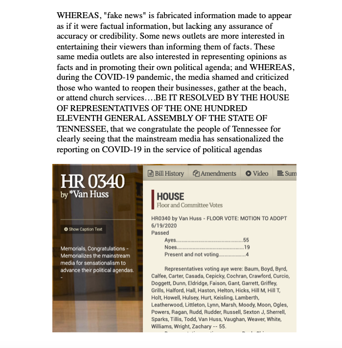 COVID cases, deaths, & hospitalizations in TN have all gone up in the month since the TN House passed a resolution in the middle of the night calling out the "fake news" for reporting on COVID. Most of those who voted yes refused to wear masks. At least one now has COVID.