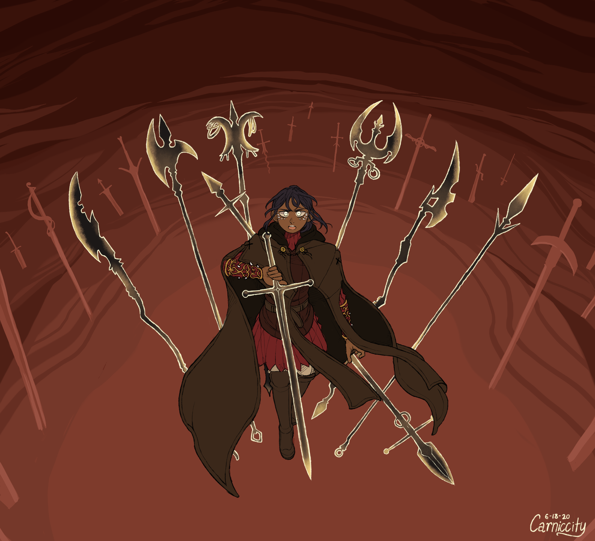Carniccity's tweet photo. Soliel's outfit has updated (along with her spell cosmetics due to being a soul of forfeit from Elturel), and turns out Avernus is also Fantasy Mad Max. My dream of mowing people down with Spirit Guardians has finally come true! #DnD #illustration https://t.co/Q14Cbde24F