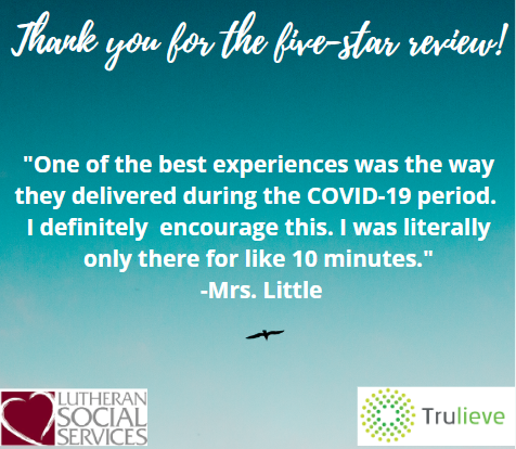 LSSJAX's tweet photo. Thank you Mrs. Little for the five-star review. We love to hear that our LSS family is going above and beyond to serve those in our community. Many thanks also to sponsor @Trulieveโwe couldnโt do it without you! #lssjax #giving #community #COVID19 #helpingotherschallenge https://t.co/3Z3ArdizDa