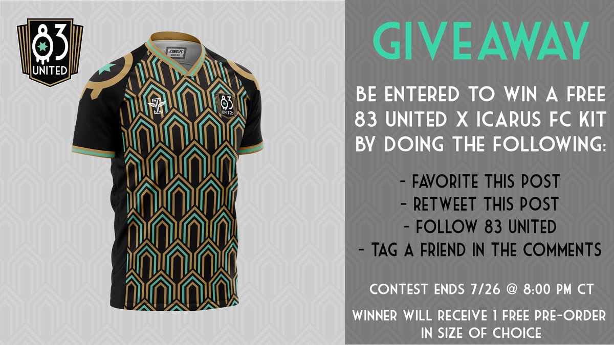 WIN A FREE 83 UNITED x <a href="/IcarusFCphl/">IcarusFCphl</a> KIT! 💥

-Fav and Retweet this tweet
-Follow <a href="/83_United/">83 United</a> 
-Tag a friend in reply to this tweet

Winner will be announced 8 PM 7/26

Order will be submitted with the rest of kit pre-orders