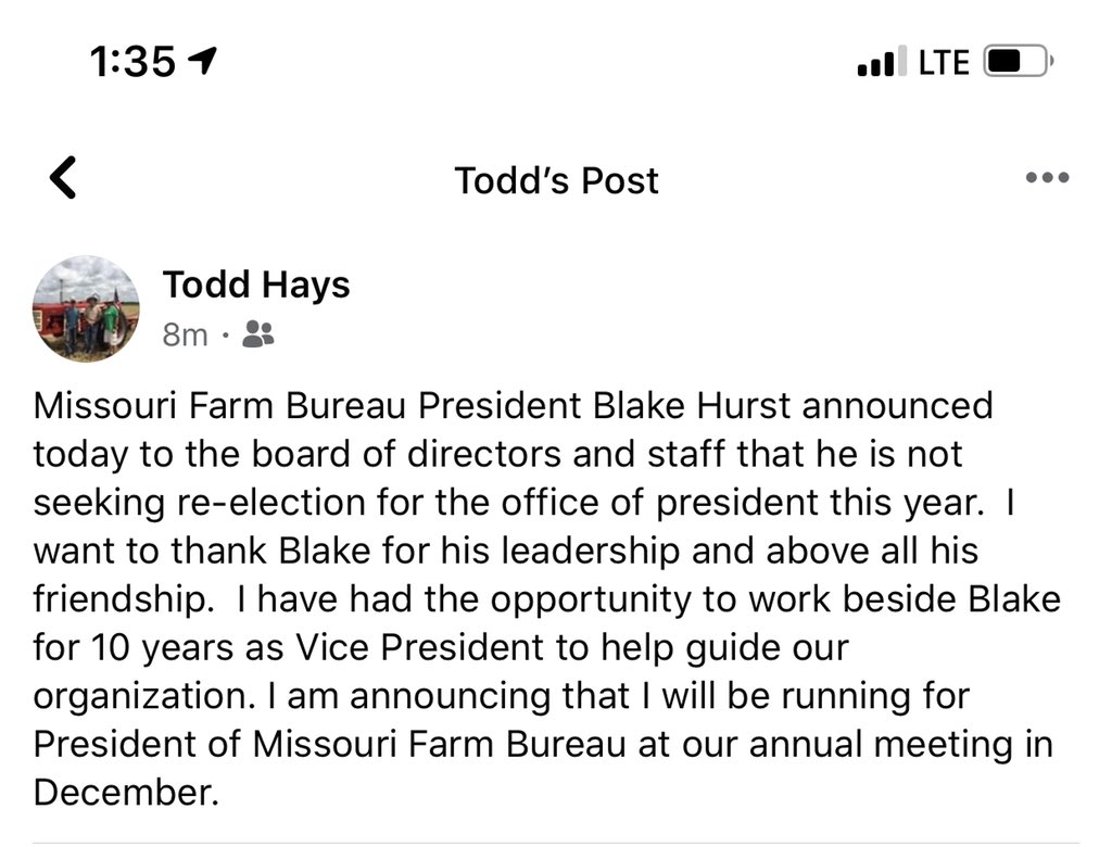 JulieHays95's tweet photo. If you’re a Mo Farm Bureau member, vote for my pops, Todd Hays, for president in December! https://t.co/enxD0pzsNM