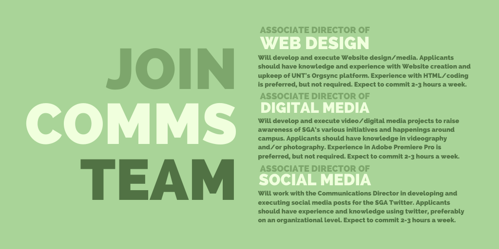 UNTSGA's tweet photo. Apply for our Communications Team! Applications will close on August 7th. Link in our Bio! #UNT #GMG https://t.co/SHwmVLVO2u