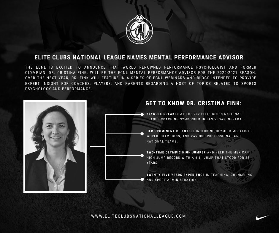 ECNLgirls's tweet photo. BREAKING NEWS | 🚨 : The Elite Clubs National League is excited to announce that world-renowned Performance Psychologist &amp; former Olympian Dr. Cristina Fink will be the ECNL Mental Performance Advisor for the 2020-2021 season. #MoreThanALeague

Read here: https://t.co/XERCCuYemJ https://t.co/ulM6xafwrZ