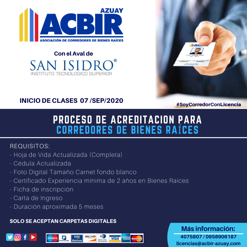 AcbirAzuay's tweet photo. Inscribete en el Proceso de Acreditación de Corredor de Bienes Raíces Profesional y cumple con la ley.
Revisa los requisitos y el proceso de inscripción en: https://t.co/pHV1SxIOhW
CUPOS LIMITADOS!!!!
Más información: 0958906187 / 074075807
licencias@acbir-azuay.com https://t.co/CyJS8ixeTW