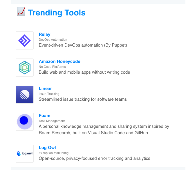stackshareio's tweet photo. 📈 ICYMI: Top 5 New Trending Tools 👇🏾

1. Relay (by @puppetize)
2. @awscloud Honeycode
3. @linear_app
4. Foam (by @jevakallio)
5. Log Owl

👉🏾 https://t.co/NZYHnyuMai

🗞 Subscribe to StackShare Weekly: https://t.co/oDYSE9Bd88 https://t.co/4DZOq4L9Fj