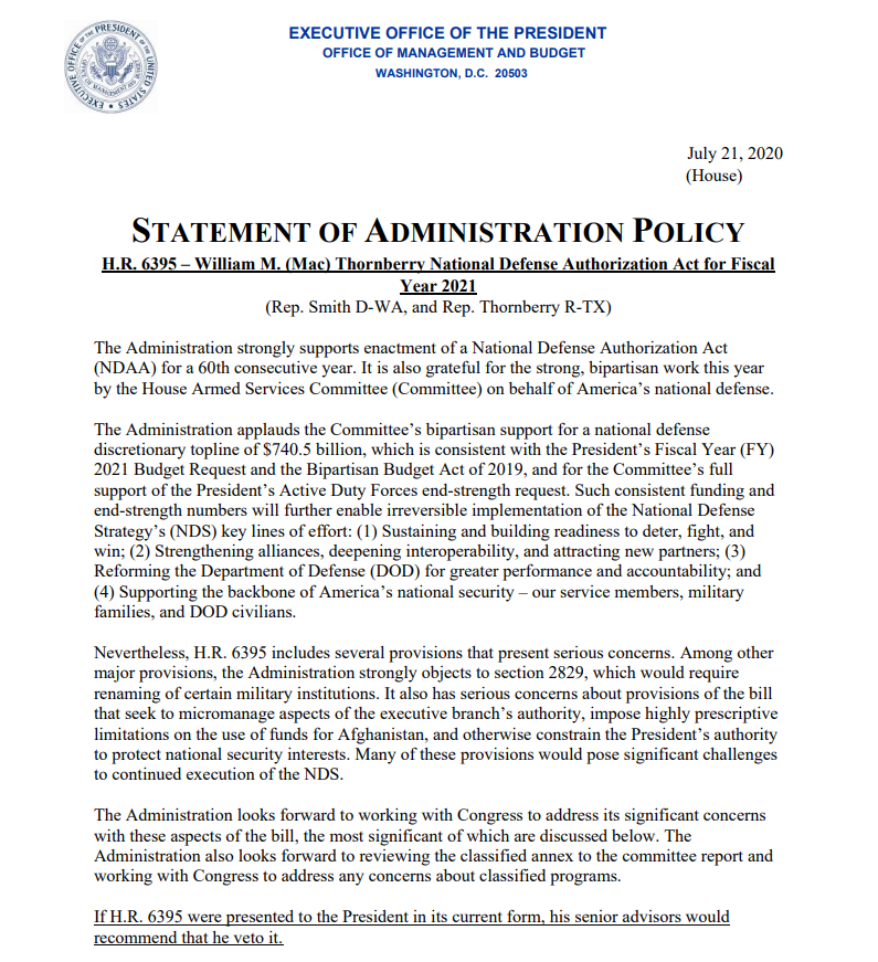 OMBPress45's tweet photo. OMB Statement of Administration Policy *Update*: 

H.R. 6395 – William M. (Mac) Thornberry National Defense Authorization Act for Fiscal
Year 2021

→ https://t.co/SfwcsVzkRZ https://t.co/cKdSUgV5H1