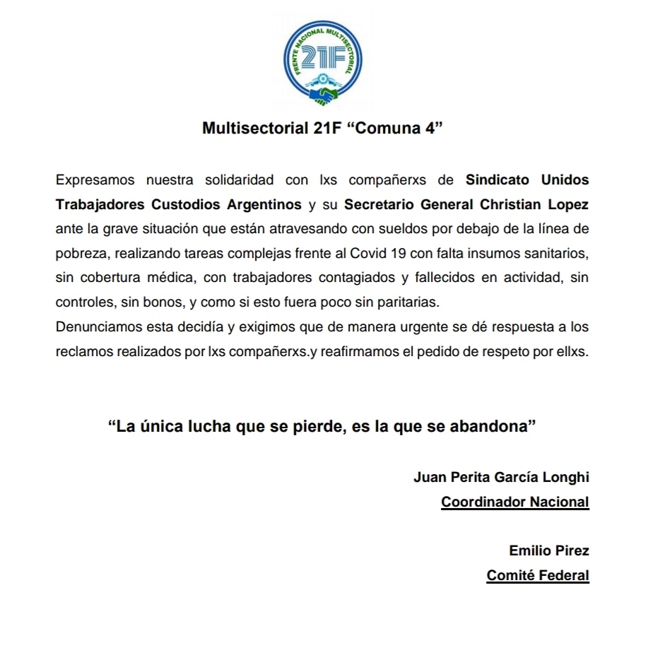 Chris_Lopez_Ok's tweet photo. @LosCustodios reciben más adhesiónes d apoyo en su reclamo x paritarias en el sector d la #SeguridadPrivada atravez d un comunicado d la #Multisectorial21F muchas Gracias a los compañeros d la #Comuna4,@pablomoyano_ok
@hugoamoyano,@gustavoveraok @21_nacional,@p_justicialista @C5N https://t.co/Xc7otIkbM4