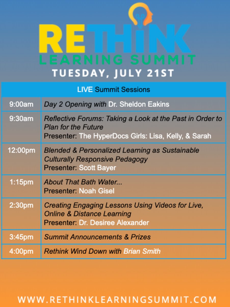educatoralex's tweet image. TODAY, 7/21
4:30p cst

Creating Engaging Lessons Using Videos for Live, Online &amp;amp; Distance L.

Register to get all 4 of my sessions: student relationships, primary sources w/ cultural relevancy, rethinking Hyperdocs &amp;amp; choice boards 

rethinklearningsummit.com #RethinkLearningSummit