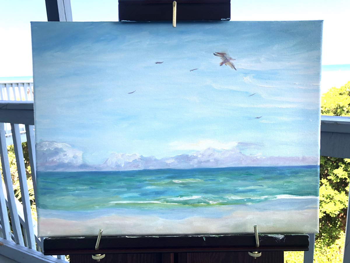 LSlayden's tweet photo. Wind is kicking up, moving the canvas too much to paint my pelican battalion and other deets. This is going to have to be finished in studio. #pleinairproblems #oilpainting #wip https://t.co/TzInZ7Z4Fj