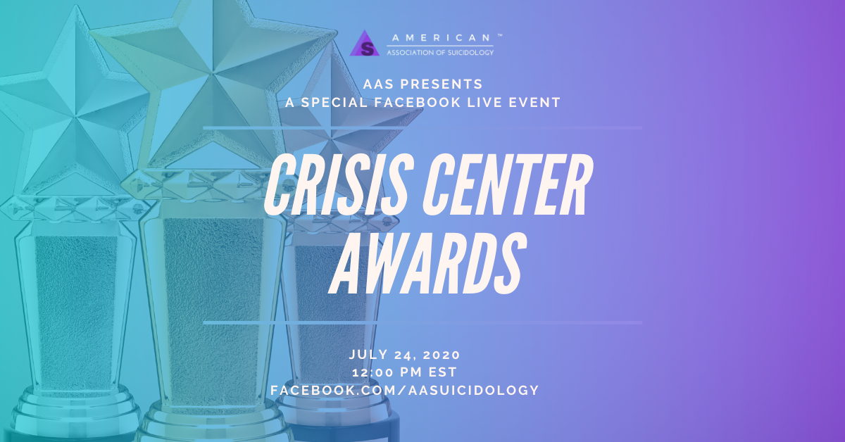 AASuicidology's tweet photo. Join us this Friday 7/24 at 12pm ET/9am PT for a FB Live event as we celebrate the winners of the 2020 Excellence in Crisis Services Awards. We will acknowledge each of the award winners &amp; spend interview them about their exceptional crisis programs.

https://t.co/IUsLfbNd10 https://t.co/HnrPOr11EZ
