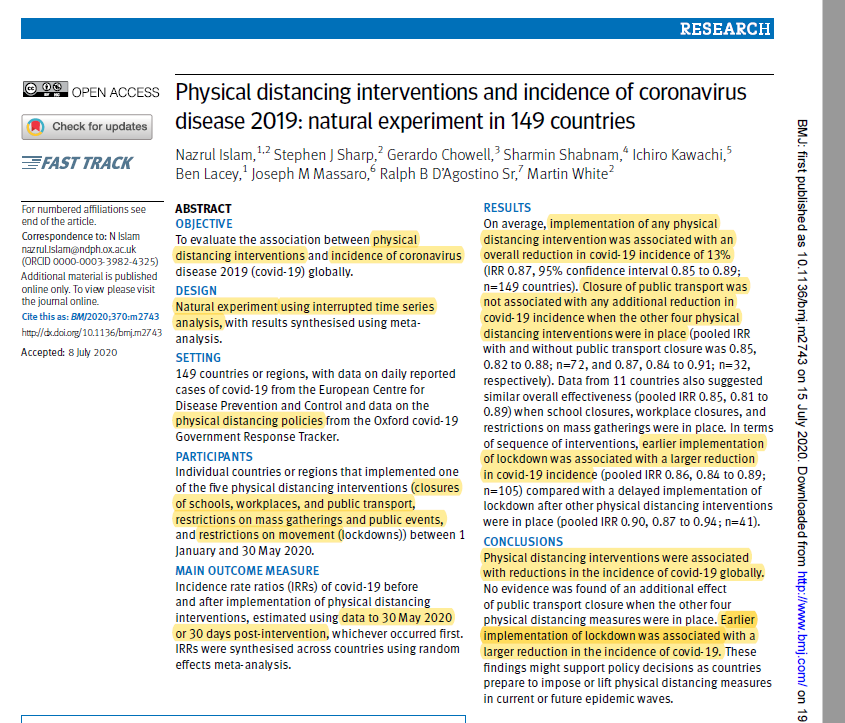 JFernandeznino's tweet photo. La mayoría de estudios sobre el impacto del distanciamiento físico son modelos matemáticos y había poca evidencia empírica de su efectividad.
Estos autores aprovecharon este "experimento natural" para evaluar su impacto sobre la transmisión en 149 países. Leámoslo juntos(hilo): https://t.co/qa09kwDbO6