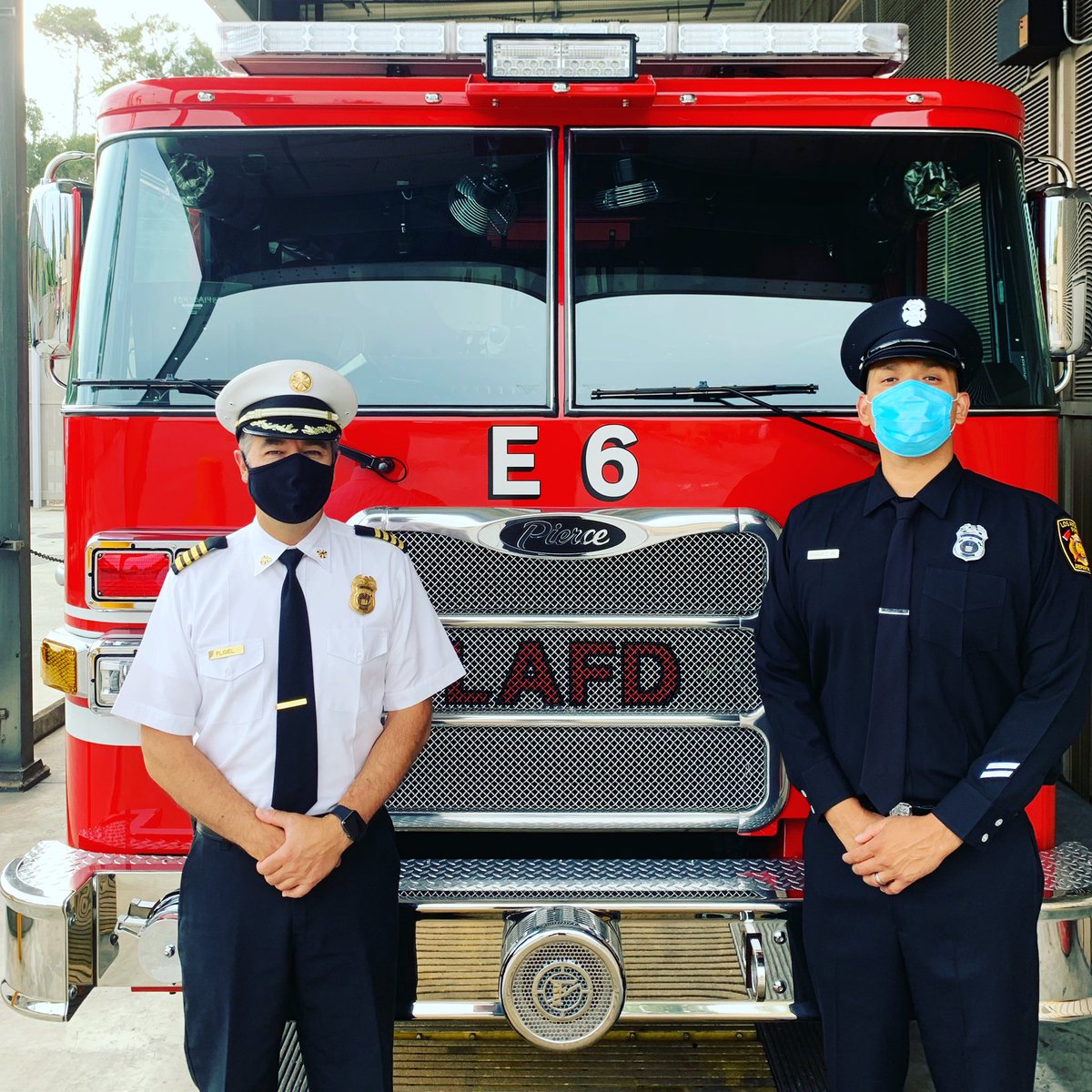 LAFDcentral's tweet photo. While the celebration is slightly different, the achievement is still the same! LAFD Central Deputy Chief Phillip Fligiel congratulating Blass Chavez Jr. on his promotion from Firefighter/ Paramedic to the rank of Engineer. Engineer Chavez has been assigned to #FireStation6 https://t.co/6RXzahVQc1