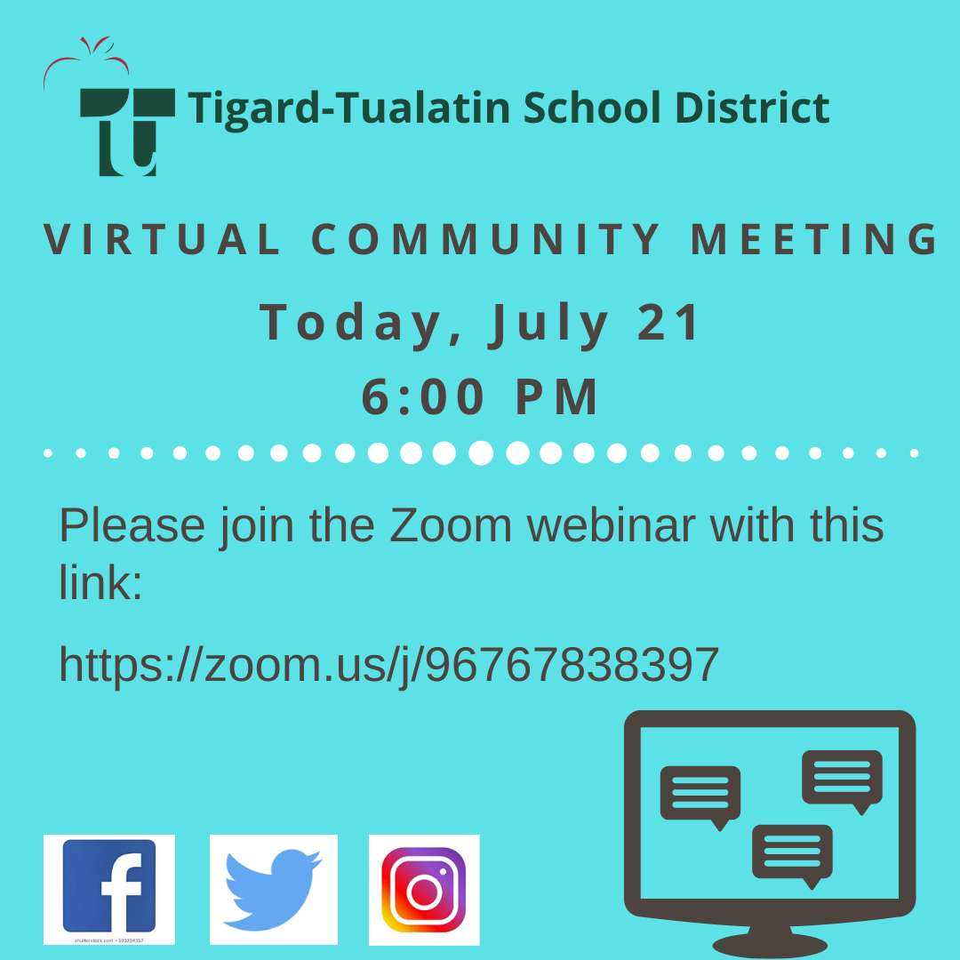 TigardTualSD's tweet photo. TTSD Community, please join us for the TTSD Ready Schools, Safe Learners Reentry Plan Presentation today, July 1, 6:00 PM
Click this link to join the webinar: https://t.co/EhmIGUp5vg
May need to download Zoom.  If you are having trouble please email ttsdschools@ttsd.k12.or.us https://t.co/ay24Q1SpoB