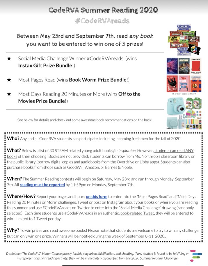 CodeRva2024's tweet photo. 🚨 CodeRVA incoming freshmen 🚨 you are eligible for the summer #CodeRVAReads challenge! Questions? Ms Northrop @northropELA is your person! 📚 Happy reading 📚 https://t.co/bj4U66KdeT