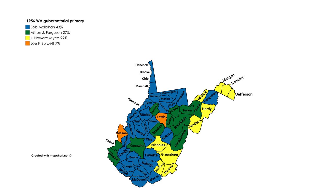 ...as Mollohan decided to run for governor instead. He won a jumbled primary over Milton Ferguson (who would later prosecute governor Wally Barron), Clerk of the House J. Howard Myers, and future Secretary of State Joe Burdett