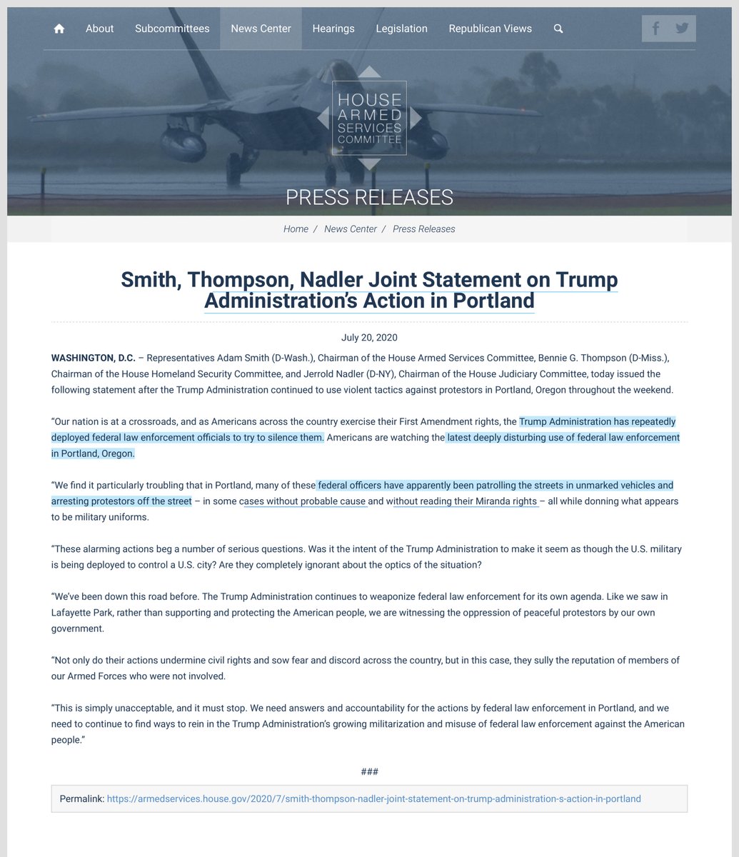 Y’all get that the oversight tsunami heading towards  @DHSgov  @DHS_Wolf right?-3+ lawsuits-US Attorney criminal referral to main DOJ, Mr La Bella & the rubber bullet that almost killed him-Portland is just a test run for Trump’s Federal Police Force https://armedservices.house.gov/2020/7/smith-thompson-nadler-joint-statement-on-trump-administration-s-action-in-portland