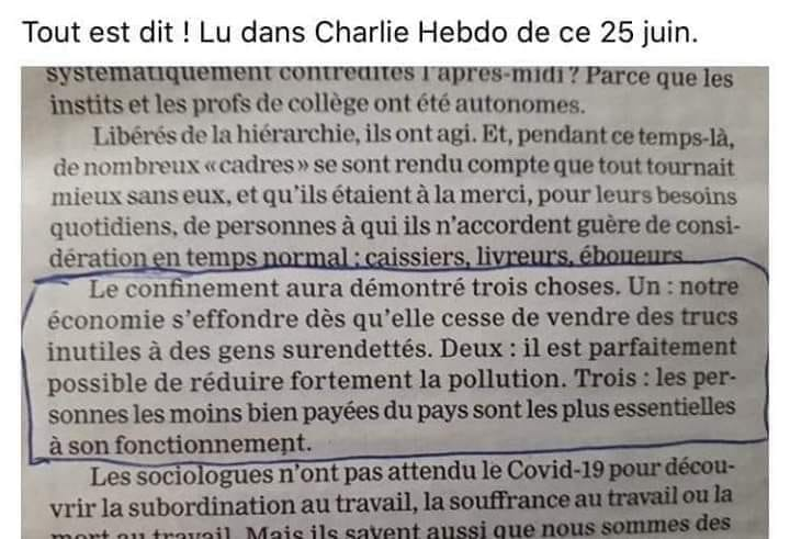 marcelomena's tweet photo. Charlie Hebdo. El confinamiento demuestra 3 cosas.

1. La economía se derrumba tan pronto dejas de vender cosas inútiles a personas sobreendeudadas. 

2. Se puede reducir la contaminación. 

3. Las personas peor pagadas del país son aquellas más esenciales para su funcionamiento. https://t.co/DIYNz8ZXl6