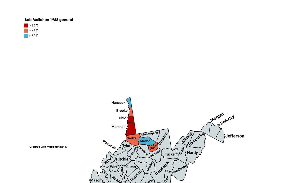 Mollohan would try to get his seat in Congress back two years later, and handily won his primary, but lost round two to Arch Moore 55-45. He would stay out of politics until Moore ran for governor in 1968, and he gave his old seat another stab.