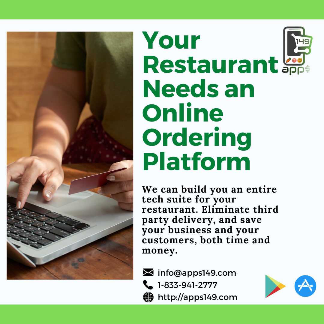 apps149's tweet photo. At Apps149 we can design an online ordering platform that will have your customers ordering take out or delivery directly from you with Apps149, your business knows when the food is ordered when it's ready, and when it's handed off to your customer. 

At Apps149 we deliver! https://t.co/339aZ45N5O