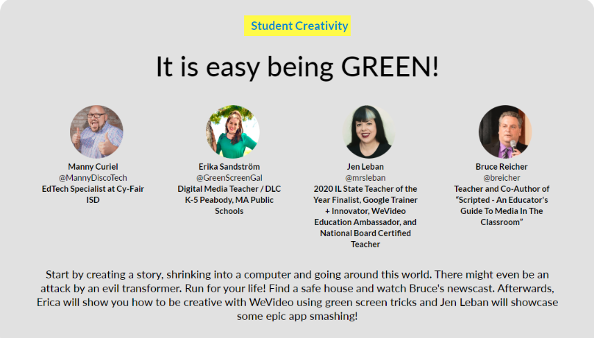 GreenScreenGal's tweet photo. YOU DO NOT WANT TO MISS THIS #GreenScreen PARTY!#wccs20  FREE @WeVideo conference w/my #GreenScreenKnights homies! 💚💙💚PLENTY of shenanigans for sure! Join @MannyDiscoTech @mrsleban &amp; @breicher &amp;myself to learn some great tips, tricks, animation &amp; more!  https://t.co/nUyCHD1zxO https://t.co/oTUHXbZ3ZK