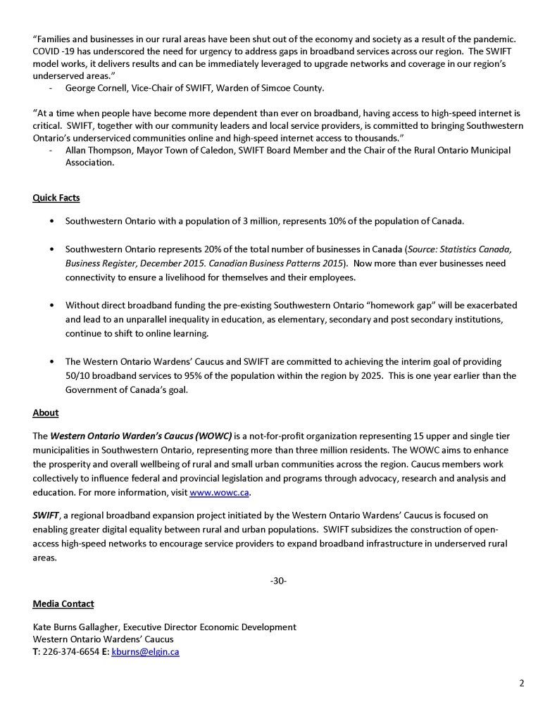 The Western Ontario Warden’s Caucus takes action to support rural broadband. Read the full media release below. #ConnectSWOnt