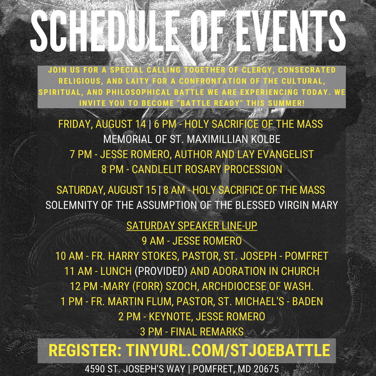stjoepomfret's tweet photo. Don't miss this event next month! The Battle We Are In! featuring Jesse Romero of the @TerryJesseShow , Fr. Stokes, and more! Mass, Confession, Adoration all available. Aug 14-15. Register https://t.co/HOzEO7papK https://t.co/Pk0oVhN17V