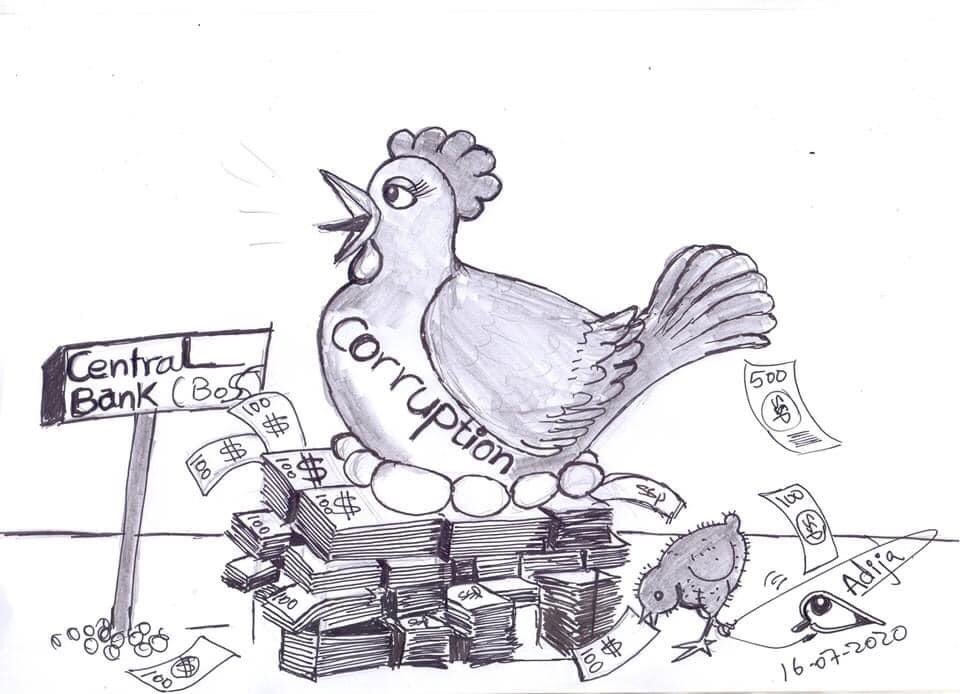 This brilliant artwork by <a href="/AdijaAcuil/">Adija</a> made the Central Bank of South Sudan very furious.

The Dawn Newspaper had to, promptly, issue an apology for the ‘Integrity Damage’ the cartoon caused to the Bank.

The kind of sins Jesus died for, in our part of the world!