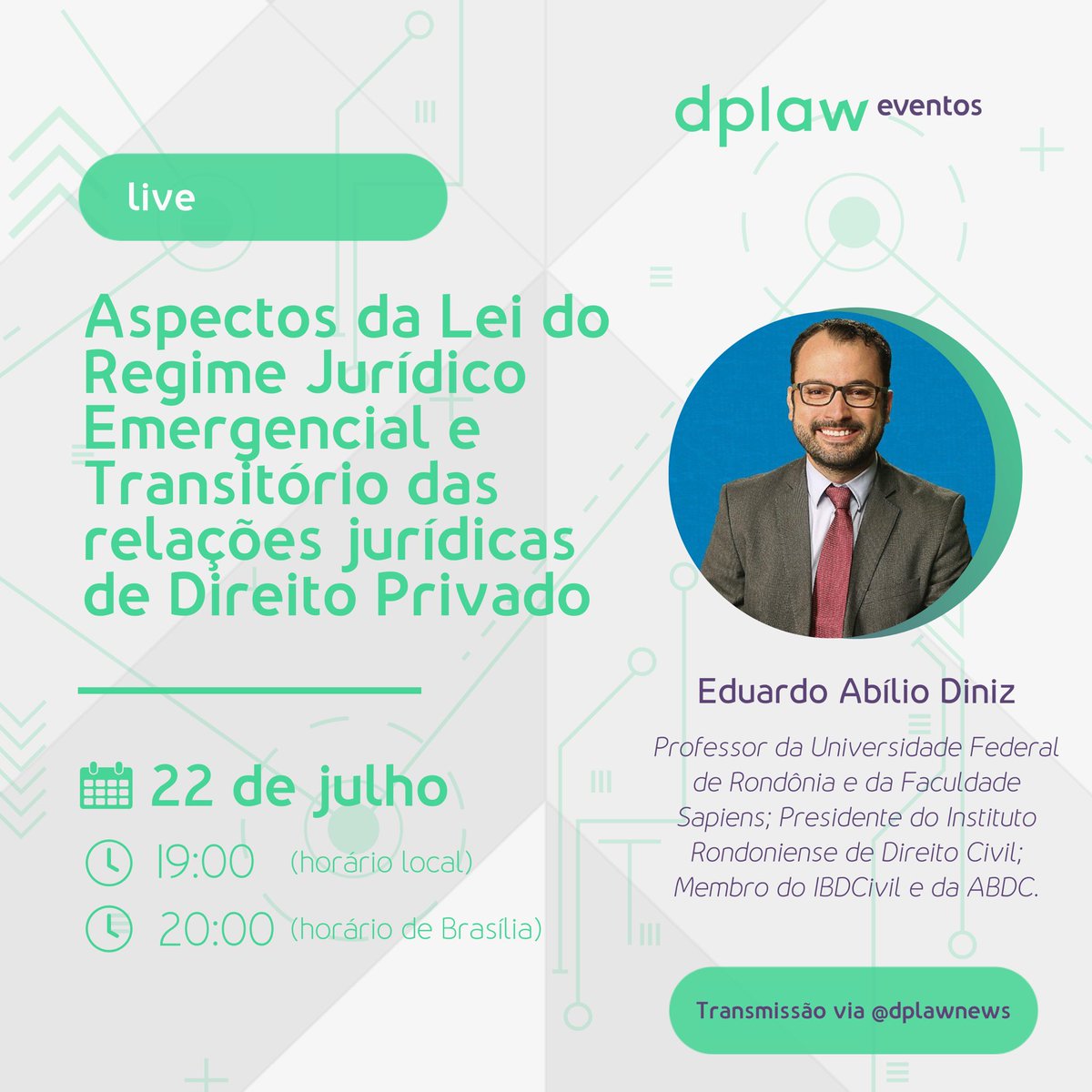 dplawnews's tweet photo. Amanhã (quarta-feira | 23), às 19h, conversaremos com o professor Eduardo Abilio Diniz sobre a Lei nº 14.010/2020, que institui Regime Jurídico Emergencial e Transitório das relações jurídicas de Direito Privado (RJET). Mais um bate papo imperdível! • #direitocivil #rjet https://t.co/IxqQM7JZID
