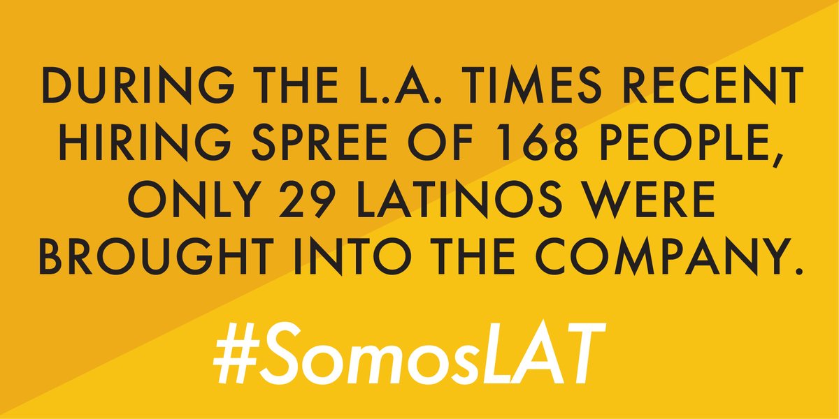 During the  @latimes recent historic hiring spree of 168 people, only 29 Latinos were brought into the company. We are only 13 percent of the newsroom despite L.A. being nearly 50% Latino. The  @LATLatinoCaucus demands change.  #SomosLAT  https://latguild.com/news/2020/7/21/latino-caucus-letter