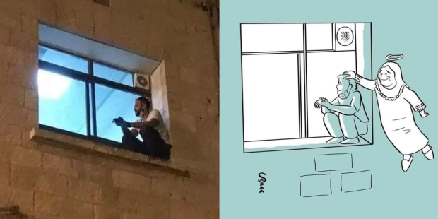 josephwillits's tweet photo. A beautiful image from Hebron - Palestinian Jihad Al-Suwaiti climbed the hospital walls each day to see his mum who was dying of cancer &amp; Coronavirus. 

Hebron is a wonderful city that endures Israel's brutal occupation &amp; settler violence, &amp; now COVID-19 https://t.co/K5F7MSDpxK https://t.co/2AtJAUoCx7