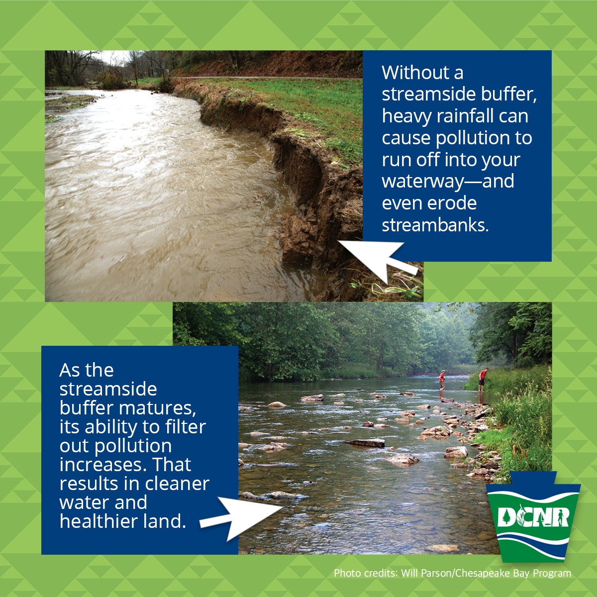 DCNRnews's tweet photo. Which stream looks healthier to you? Without a #StreamBuffer, heavy rainfall can erode streambanks & cause pollution to run off into waterways. Buffers stabilize banks & filter out pollution, resulting in cleaner water & healthier land ➡ https://t.co/7PFP2P1WkM #BufferMyStream https://t.co/leTxykILej