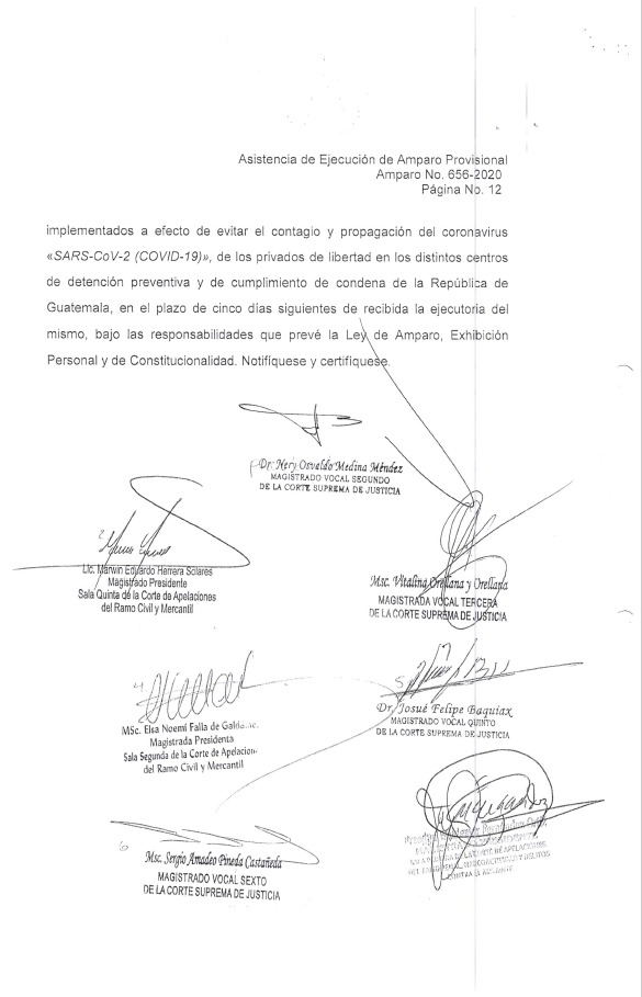 Corte Suprema Justicia declara con lugar ejecución de #AmparoProvisional solicitada por @PDHgt @JordanRodas en contra del @MinSaludGuate, @mingobguate y @Dgspg ordenando aplicar protocolos a efecto de evitar el contagio y propagación de #COVID19 en personas privadas de libertad.