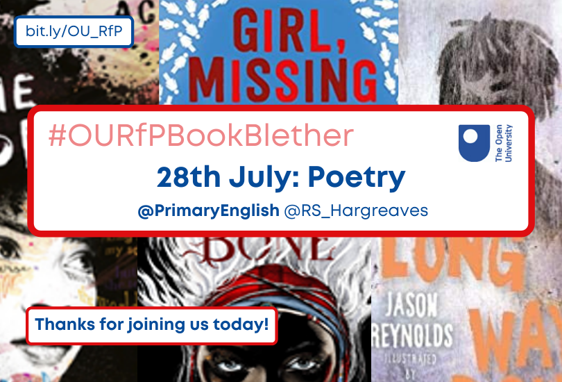OpenUni_RfP's tweet photo. Tonight was brillo! Thanks for making it so, Hannah and Jo @MissGreads @jotregenza 👏🏼👏🏼&amp; #OURfPBookBlether tweepos!

That leads us on to the last and final book blether next week! POETRY⬇️

P.S. Have you heard of the new Teacher's Reading Challenge? https://t.co/4blXQQbmrq https://t.co/f0BkyDnW6P