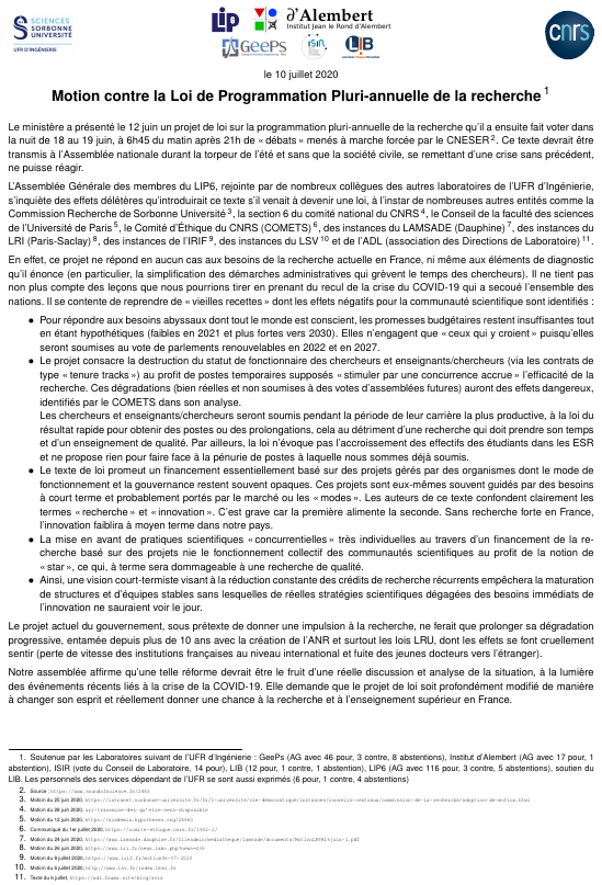 LIP6_lab's tweet photo. Motion contre la #LPPR.
L’AG du #LIP6, rejointe par d'autres laboratoires de l’UFR d’Ingénierie (@d_Alembert_ ,#GeePS, @ISIR_labo et le #LIB), s’inquiète des effets délétères qu’introduirait la #LPPR dans les termes de la version du 12 juin dernier.
https://t.co/p0sSzx5Eoa https://t.co/mk4rysfjJy