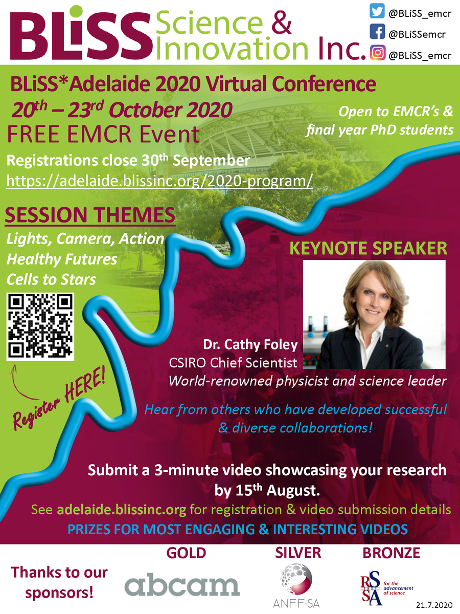 BLiSS_emcr's tweet photo. ****Join us for the #BLiSSAdelaide2020 Conference! ***
20-23 OCT: FREE EMCR EVENT! Open to EMCRs & final yr PhDs. KEYNOTE: Dr. Cathy Foley, @CSIRO Chief Scientist! Hear from successful collaborators, networking, prizes. Submit your 3 Min Videos by 15 Aug 📹https://t.co/6emHXbpubp https://t.co/n3LOucrflB